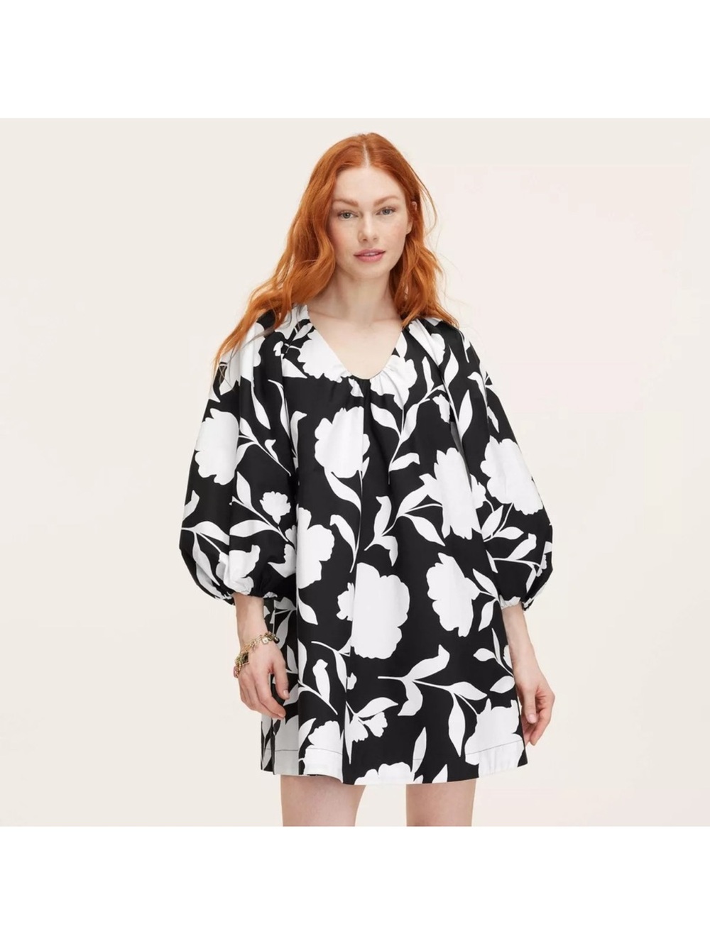 kate spade Black and White Floral Puff-Sleeve Mini Dress